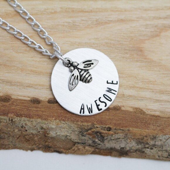 Bee Awesome - Hand Stamped Pendant Necklace - 18" Chain - Handmade - Picture 1 of 5